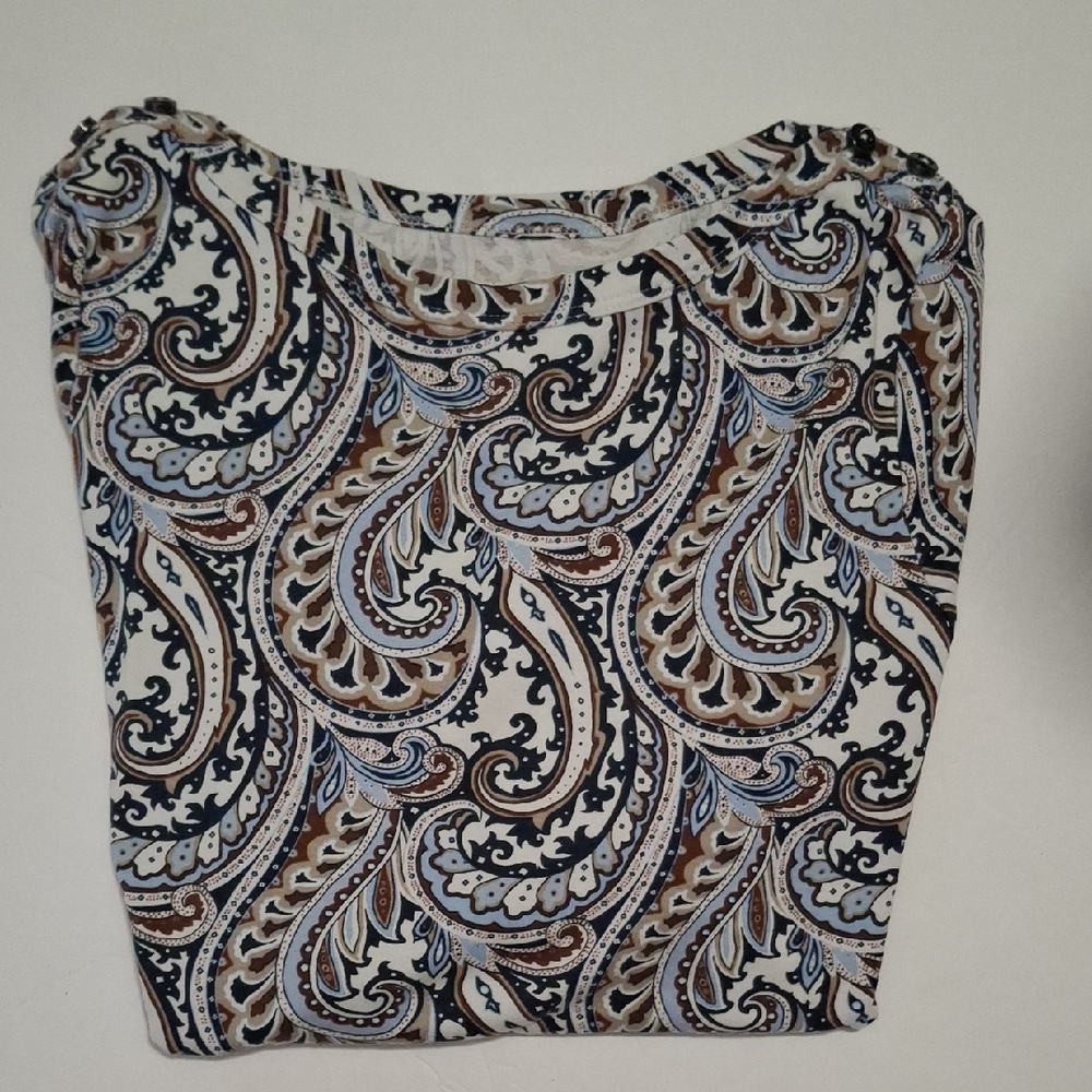 Lands' End Women's Cream and Blue Paisley Top Sz S
